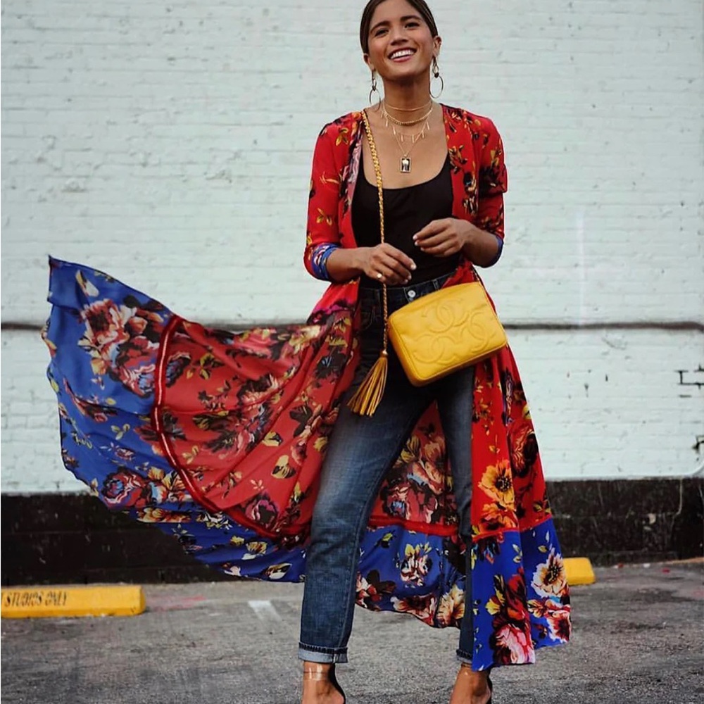 We are LEONE , Red Peony Maxi Cardigan / Robe / kimono , M/L